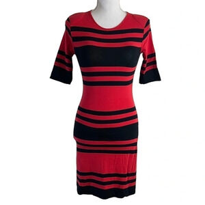 French Connection Black and Red Striped Bodycon Stretch Dress Size 4 Keyhole